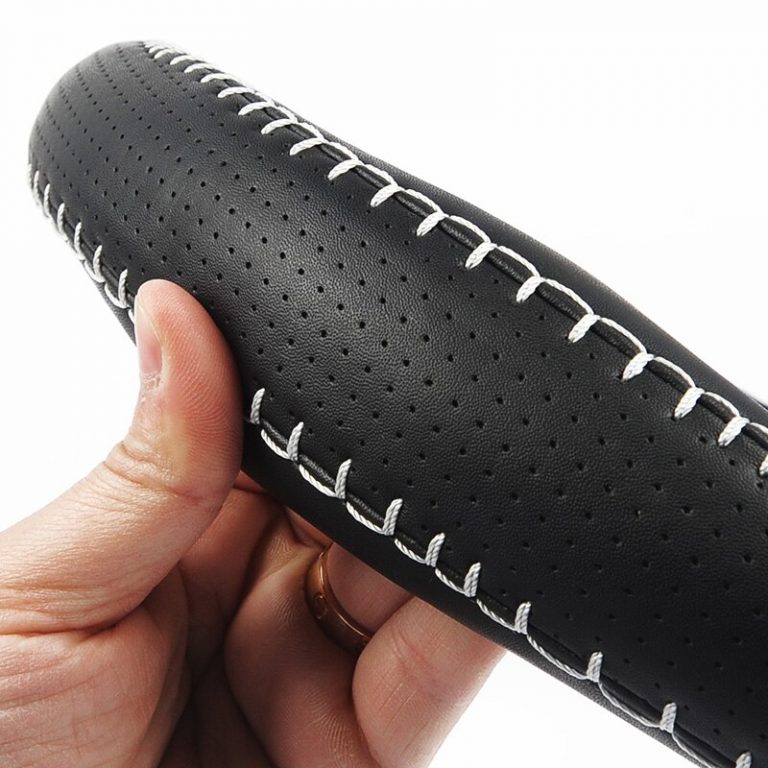 PU leather steering wheel cover black color with white durable sewing