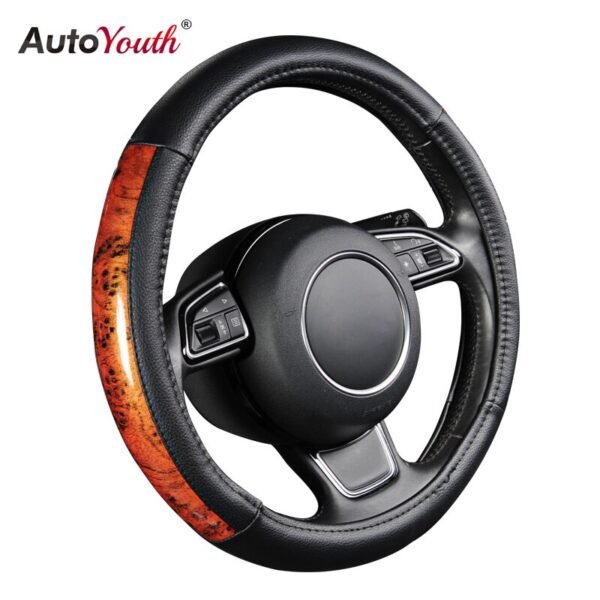 AUTOYOUTH Elegant fash Steering Wheel Cover Four Sections Small Black Lychee Pattern Splice Wood Grain Size 38cm for most car