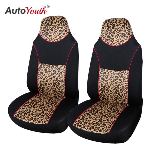 AUTOYOUTH 2PCS Fashion Leopard Print Integrated High Back Bucket Seat Cover Universal Fit Most Car Seat Cover