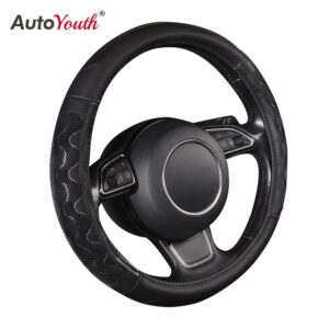 Car Steering Wheel Cover Pu Leather Universal Fit 37 to 38CM Sport Grip Honeycomb Design Breathable Antiskid Sporty Racing Style