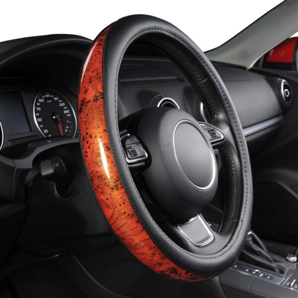 AUTOYOUTH Car Steering Wheel Cover Small Black Lychee Pattern Wooden stitching high-end soft steering wheel 38cm /15 inch