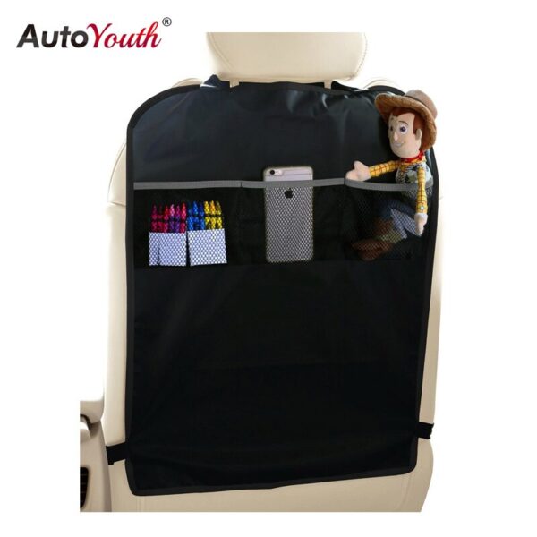 AUTOYOUTH Kick Mats Back Seat Protectors Storage Organizer Pocket 2PC Universal Kids Car Auto Seat Back Protector Cover Black