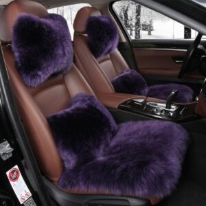 AUTOYOUTH Car Seat Cover with Australian Pure Wool Car Seat Cushion with Fur Headrest, Back Holder Purple