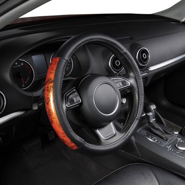 AUTOYOUTH Elegant fash Steering Wheel Cover Four Sections Small Black Lychee Pattern Splice Wood Grain Size 38cm for most car