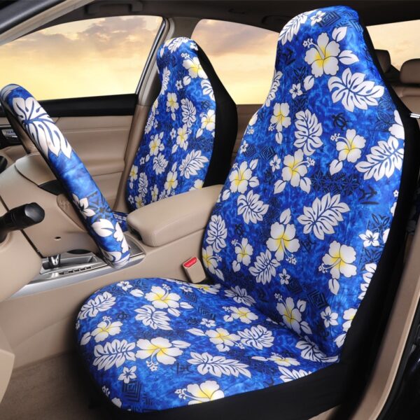 AUTOYOUTH 2PCS Front Blue Seat Cover With White Flower Pattern Fashion Style High Back Bucket Auto Interior Car Seat Protector