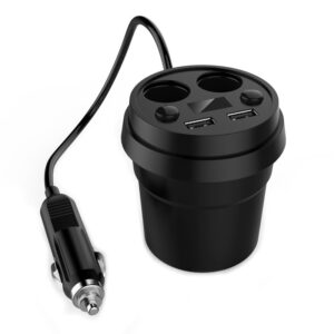 Car Charger Cup Holder Dual Cigarette Lighter Sockets Power Adapter with Dual USB Ports LED Black for iPhone 4/5/6/6S Plus