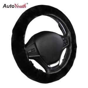 AUTOYOUTH Premium Pure Sheepskin Wool Steering Wheel Cover Black Car Covers Winter Warm