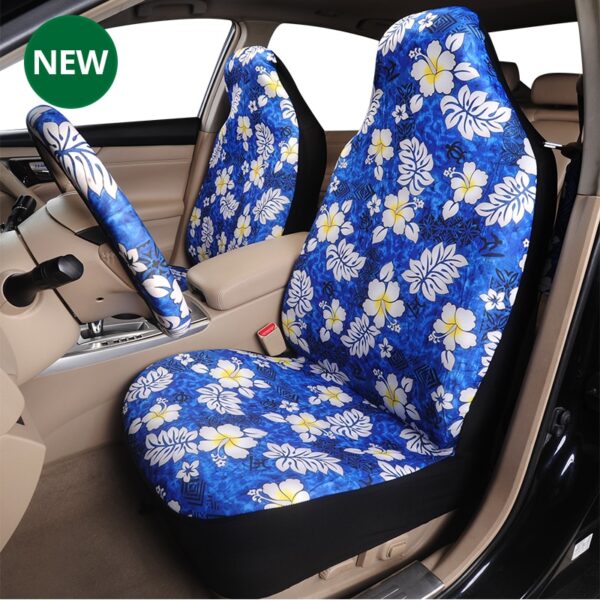 AUTOYOUTH 2PCS Front Blue Seat Cover With White Flower Pattern Fashion Style High Back Bucket Auto Interior Car Seat Protector