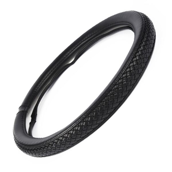 AUTOYOUTH PU Leather Steering Wheel Cover Black Lychee Pattern with Anti-slip Braiding Style M Size fits 38cm/15" Diameter
