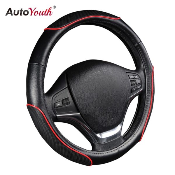AUTOYOUTH PU leather car steering wheel cover black lychee pattern with two-sides thick foam padding M size fits 38cm/15"