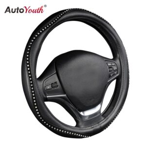 AUTOYOUTH Fashion Steering Wheel Cover Black Lychee Pattern with Luxury Crystal Rhinestone M size Fits 38cm/15" Diameter