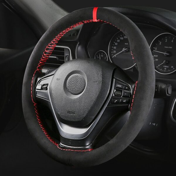 AUTOYOUTH Microfiber Leather Universal DIY Car Steering-wheel Cover Anti-Slip Sports Style 38CM Anti-catch Holder Fit Most cars