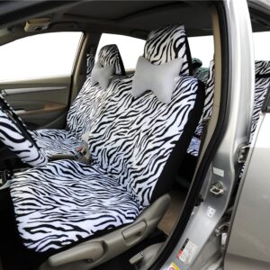 AUTOYOUTH Short Plush Luxury Zebra Seat Covers Universal Fit Most Car Seats Steering Wheel Cover Shoulder Pad White Seat Cover