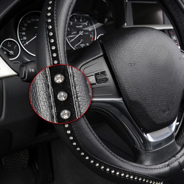AUTOYOUTH Fashion Steering Wheel Cover Black Lychee Pattern with Luxury Crystal Rhinestone M size Fits 38cm/15" Diameter