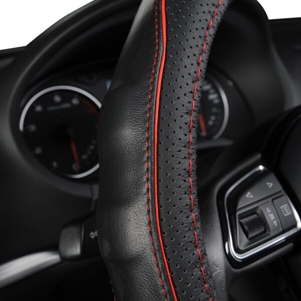 AUTOYOUTH Stereos Breathable Black Cowhide Car Steering Wheel Cover Splice Red Durable Sewing Thread Fit 38cm/15 inch Diameter