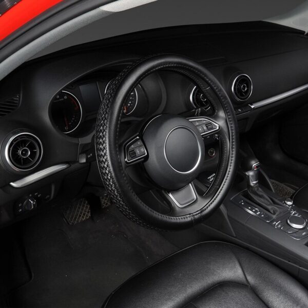 AUTOYOUTH PU Leather Steering Wheel Cover Black Lychee Pattern with Anti-slip Braiding Style M Size fits 38cm/15" Diameter