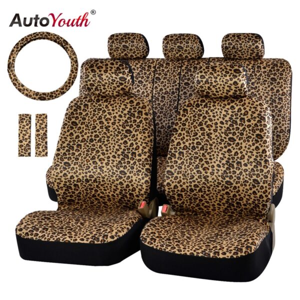 AUTOYOUTH Luxury Leopard Print Car Seat Cover Universal Fit Seat Belt Pads,and 15" Universal Steering Wheel Car Seat Protector