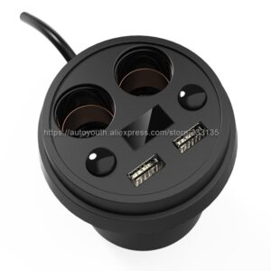 Car Charger Cup Holder Dual Cigarette Lighter Sockets Power Adapter with Dual USB Ports LED Black for iPhone 4/5/6/6S Plus