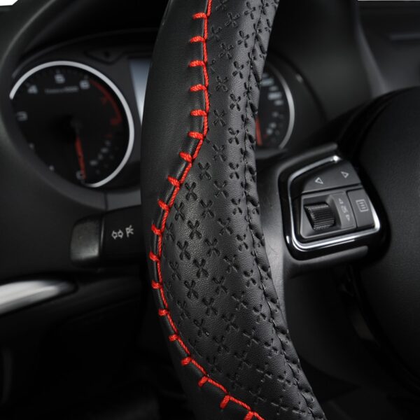 AUTOYOUTH Fashion PU Leather Steering Wheel Cover Fits 38cm/15 inch Diameter Hot Sale Red Wavy Bold Line Splice X-stitch Pattern