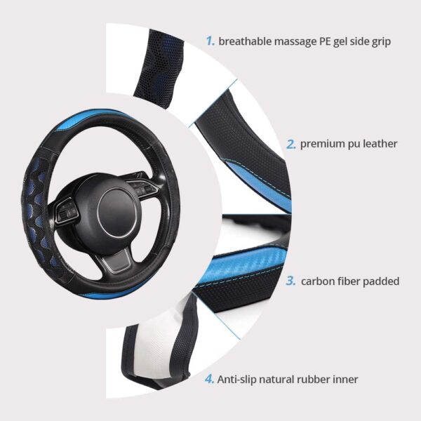 Car Steering Wheel Cover Pu Leather Universal Fit 37 to 38CM Sport Grip Honeycomb Design Breathable Antiskid Sporty Racing Style