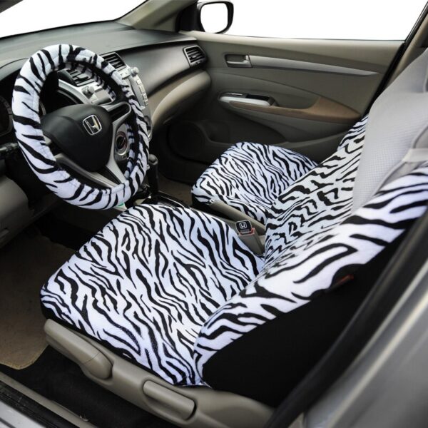 AUTOYOUTH Short Plush Luxury Zebra Seat Covers Universal Fit Most Car Seats Steering Wheel Cover Shoulder Pad White Seat Cover