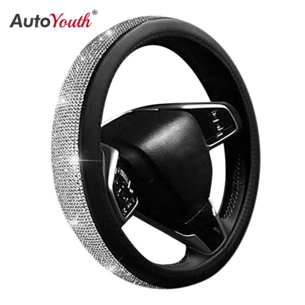 AUTOYOUTH Cystal Steering Wheel Cover with PU Leather Bling Bling Rhinestones Universal 15 Inch Auto Steering Wheel Black Silver