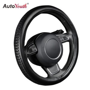 AUTOYOUTH PU Leather Steering Wheel Cover Black Lychee Pattern with Anti-slip Braiding Style M Size fits 38cm/15" Diameter