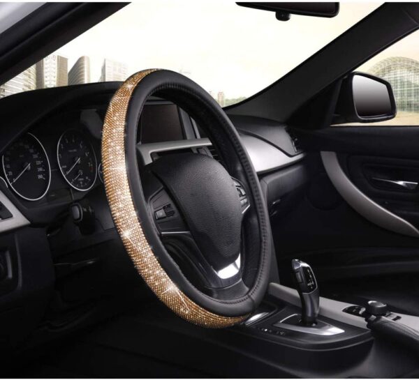 AUTOYOUTH Bling Steering Wheel Cover for Women PU Leather with Crystal Rhinestones Universal for 37 to 38 CM Car Accessories