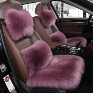 AUTOYOUTH Car Seat Cover with Australian Pure Wool Car Seat Cushion with Fur Headrest, Back Holder Purple