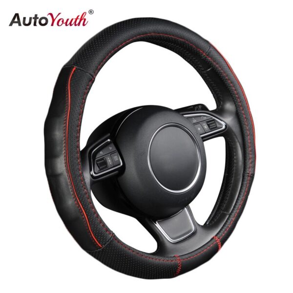 AUTOYOUTH Stereos Breathable Black Cowhide Car Steering Wheel Cover Splice Red Durable Sewing Thread Fit 38cm/15 inch Diameter