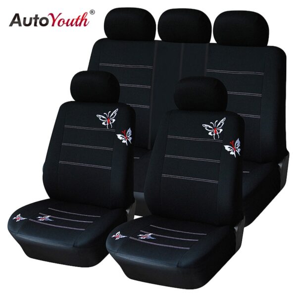 AUTOYOUTH Butterfly Embroidery Car Seat Cover Set Universal Fit Most Car Interior Accessories Black Seat Covers Car Accessories