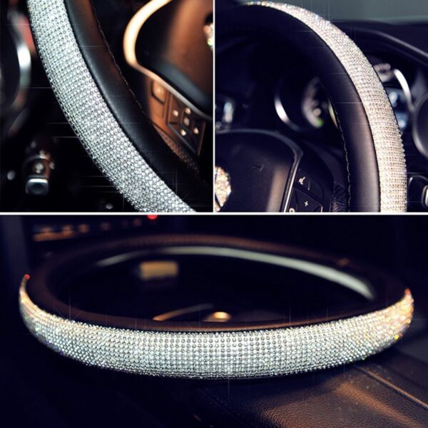 AUTOYOUTH Cystal Steering Wheel Cover with PU Leather Bling Bling Rhinestones Universal 15 Inch Auto Steering Wheel Black Silver