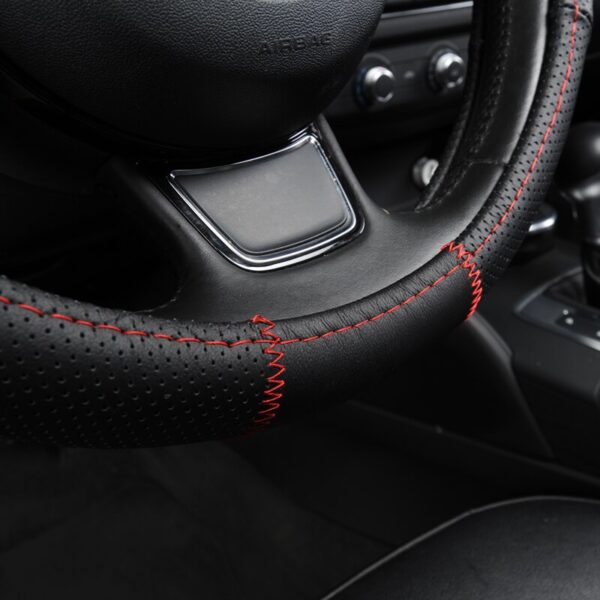 AUTOYOUTH Stereos Breathable Black Cowhide Car Steering Wheel Cover Splice Red Durable Sewing Thread Fit 38cm/15 inch Diameter