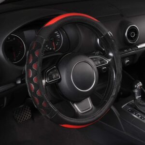 Car Steering Wheel Cover Pu Leather Universal Fit 37 to 38CM Sport Grip Honeycomb Design Breathable Antiskid Sporty Racing Style