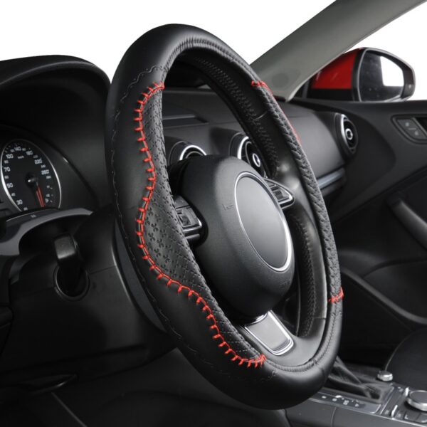 AUTOYOUTH Fashion PU Leather Steering Wheel Cover Fits 38cm/15 inch Diameter Hot Sale Red Wavy Bold Line Splice X-stitch Pattern
