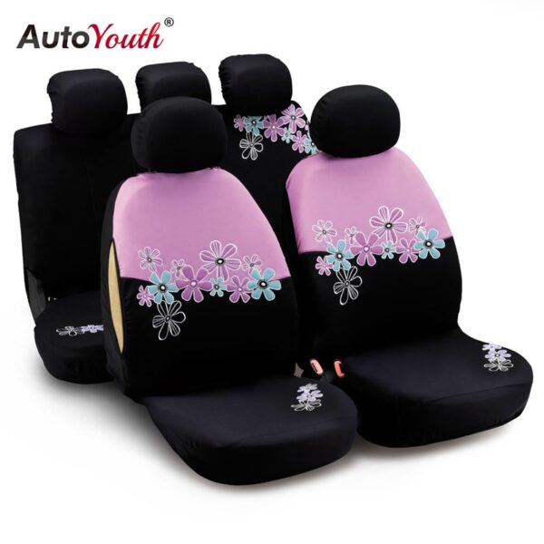 AUTOYOUTH Car Seat Covers For Women Universal Fit Most Cars And Airbag Compatible Pink Color With Flower Embroidery