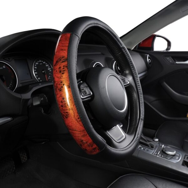 AUTOYOUTH Elegant fash Steering Wheel Cover Four Sections Small Black Lychee Pattern Splice Wood Grain Size 38cm for most car