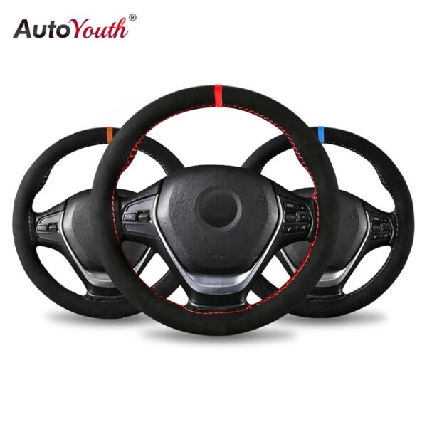AUTOYOUTH Microfiber Leather Universal DIY Car Steering-wheel Cover Anti-Slip Sports Style 38CM Anti-catch Holder Fit Most cars