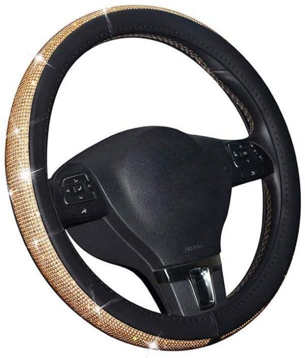 AUTOYOUTH Bling Steering Wheel Cover for Women PU Leather with Crystal Rhinestones Universal for 37 to 38 CM Car Accessories