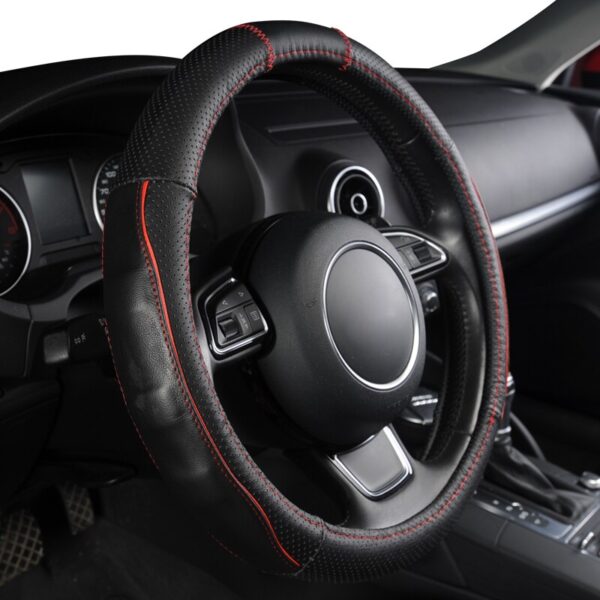 AUTOYOUTH Stereos Breathable Black Cowhide Car Steering Wheel Cover Splice Red Durable Sewing Thread Fit 38cm/15 inch Diameter