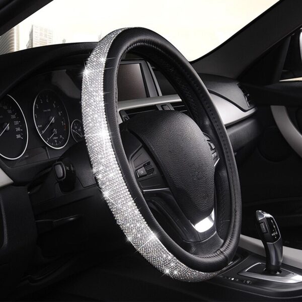 AUTOYOUTH Cystal Steering Wheel Cover with PU Leather Bling Bling Rhinestones Universal 15 Inch Auto Steering Wheel Black Silver