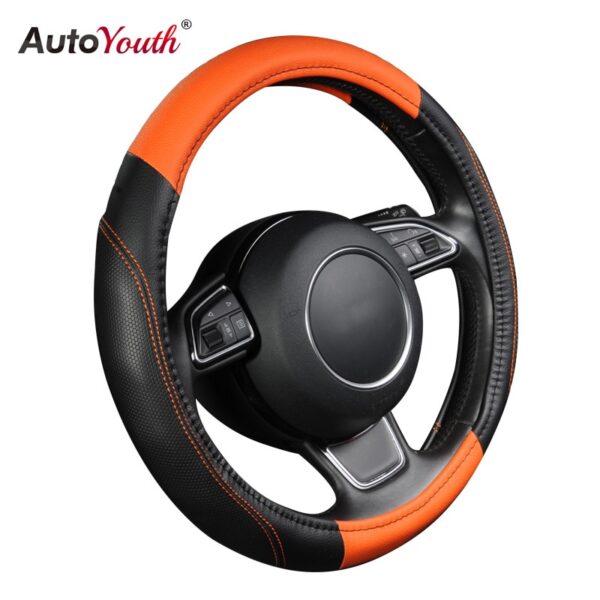 AUTOYOUTH Car Steering Wheel Cover Universal New Sports Style Anti-SLIP Orange Color Pu Leather Steering Wheel Cover Car Styling
