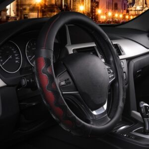 AUTO 1PCS Red Wave Steering Wheel Cover PU Leather Fashion Design Non-Slip Universal For 37-38 CM Steering Wheel Car Interior