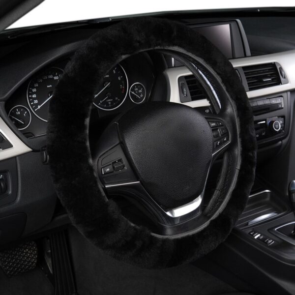 AUTOYOUTH Premium Pure Sheepskin Wool Steering Wheel Cover Black Car Covers Winter Warm