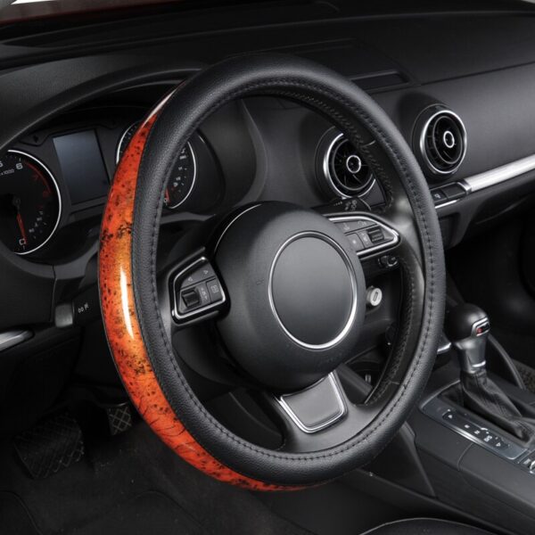AUTOYOUTH Car Steering Wheel Cover Small Black Lychee Pattern Wooden stitching high-end soft steering wheel 38cm /15 inch