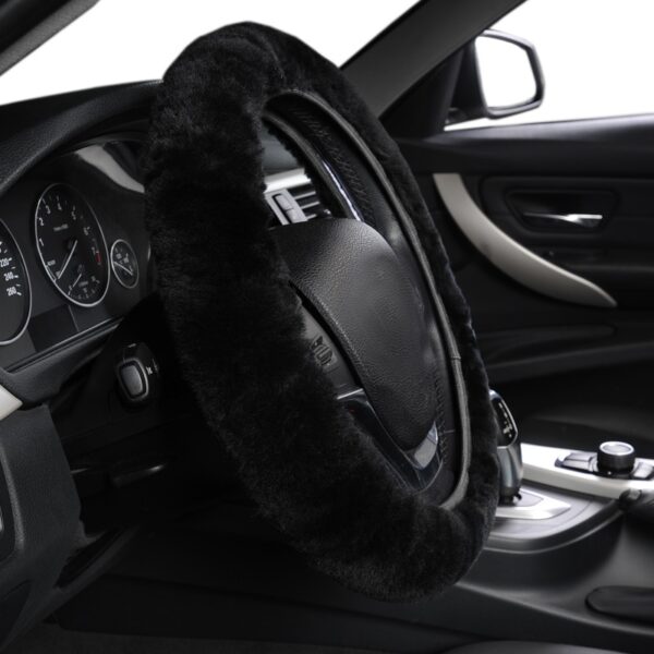 AUTOYOUTH Premium Pure Sheepskin Wool Steering Wheel Cover Black Car Covers Winter Warm