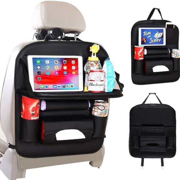 PU Car Seat Protector Backseat Organizer with Tablet Holder and Foldable Tray Durable Quality Travel Accessories Organizer