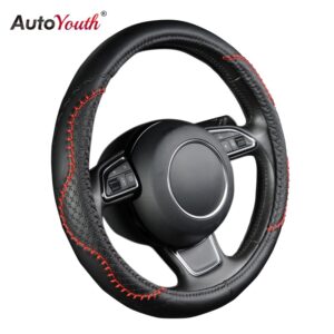 AUTOYOUTH Fashion PU Leather Steering Wheel Cover Fits 38cm/15 inch Diameter Hot Sale Red Wavy Bold Line Splice X-stitch Pattern