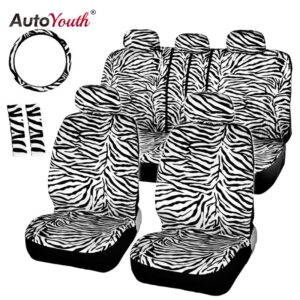 AUTOYOUTH Short Plush Luxury Zebra Seat Covers Universal Fit Most Car Seats Steering Wheel Cover Shoulder Pad White Seat Cover