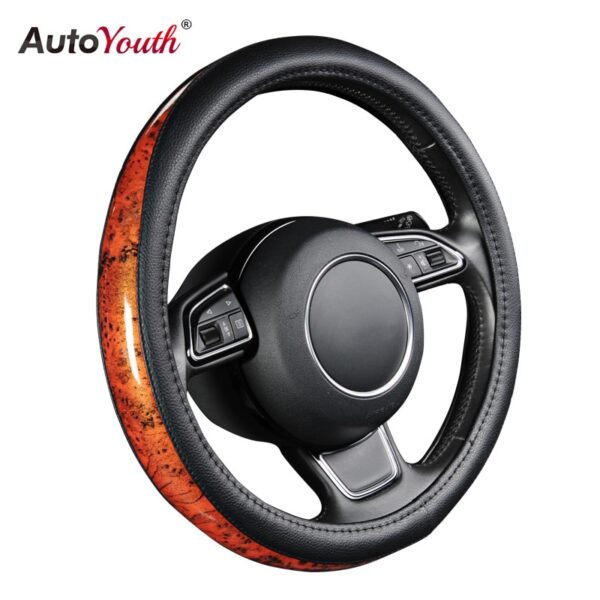 AUTOYOUTH Car Steering Wheel Cover Small Black Lychee Pattern Wooden stitching high-end soft steering wheel 38cm /15 inch